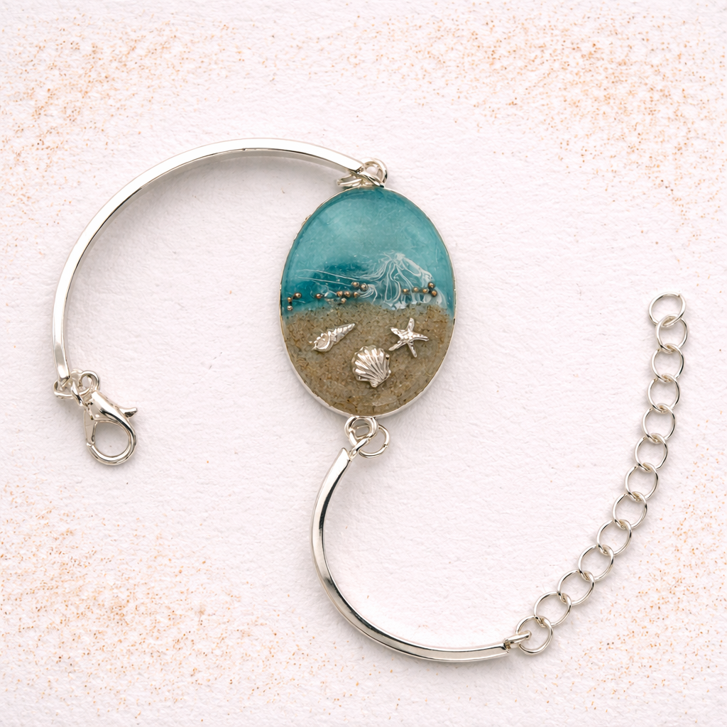 Isle of Wight resin bracelet with real beach sand, shells and starfish on adjustable silver bangle