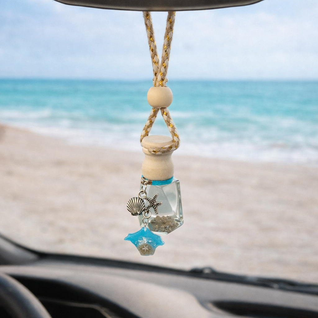 Isle of Wight car hanging diffuser with real beach sand, starfish and shell charms on rear view mirror
