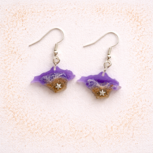Purple resin Isle of Wight earrings with beach sand and starfish charm on silver hooks