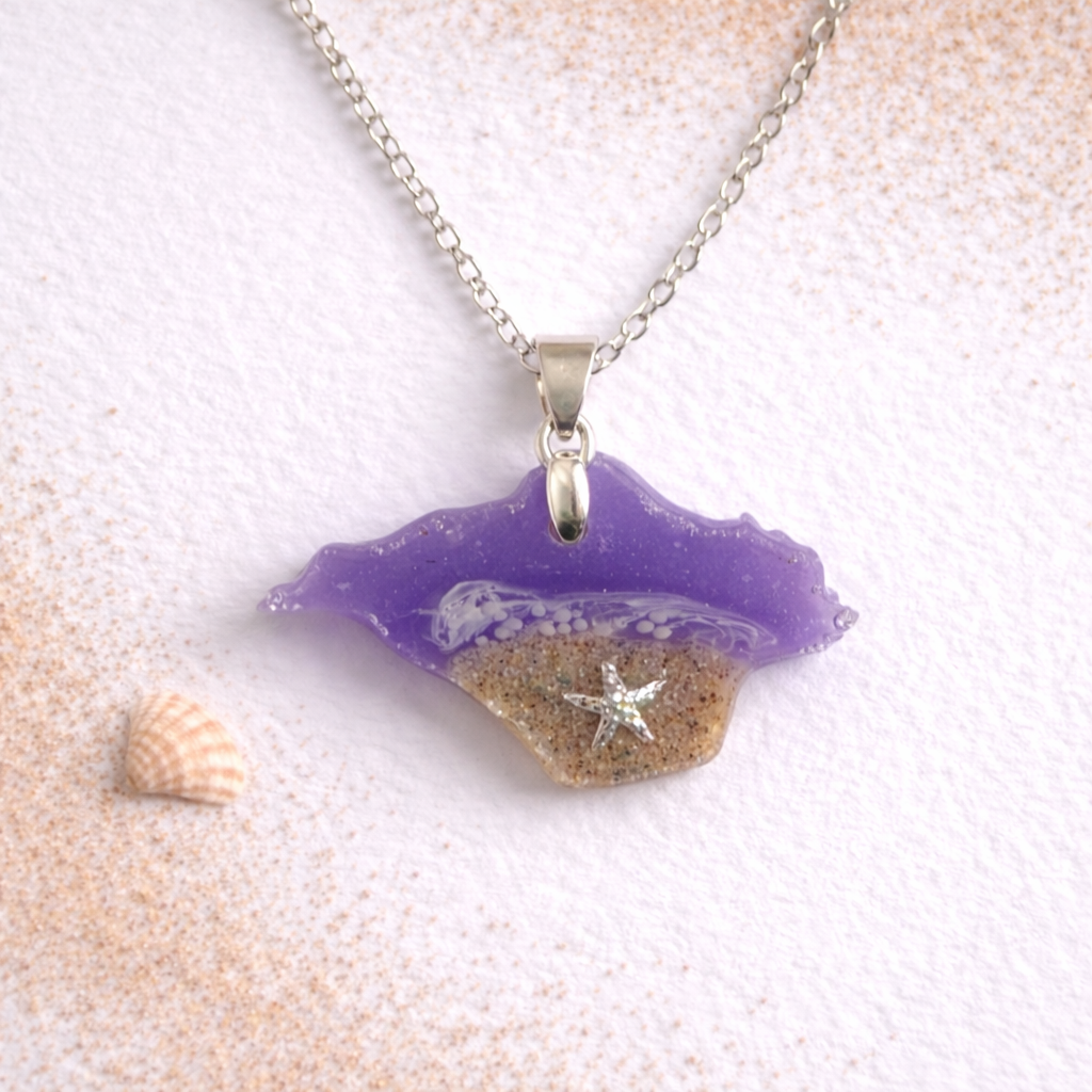 Purple Isle of Wight resin necklace with real beach sand and starfish charm on silver chain
