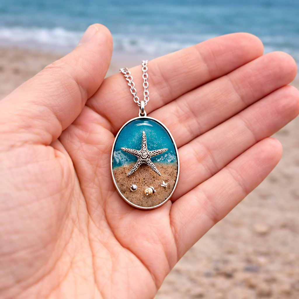 Starfish pendant necklace held in hand showing size and detail of the handmade resin design