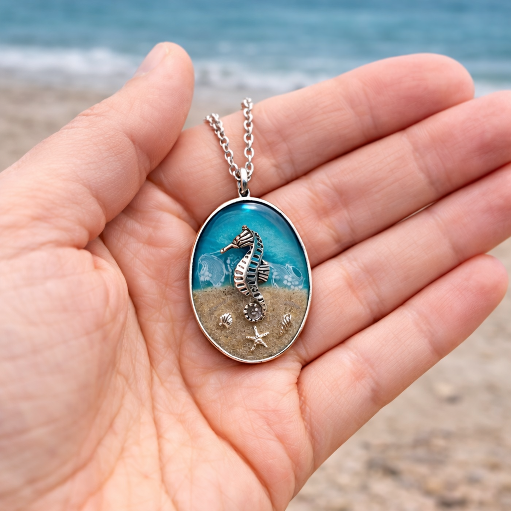Seahorse pendant necklace held in hand showing size and detail of the handmade resin design