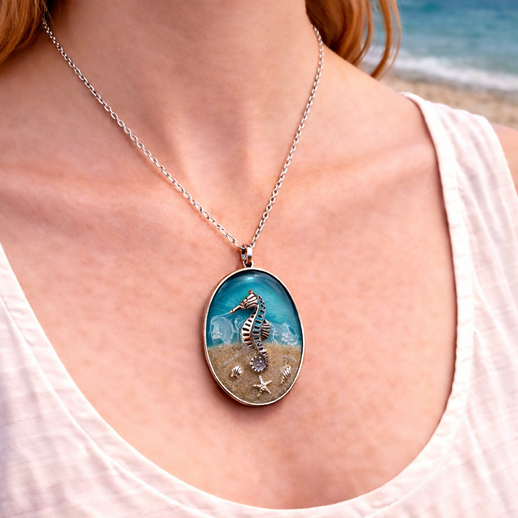 Seahorse pendant necklace worn on the beach showing scale and style on a stainless steel chain