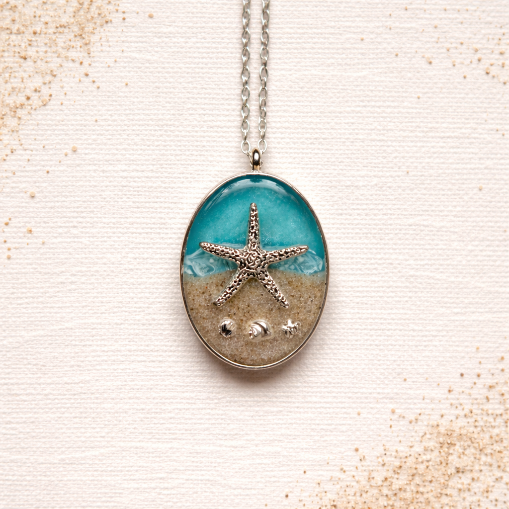 Isle of Wight starfish pendant necklace with resin, sand and silver charm on a linen background